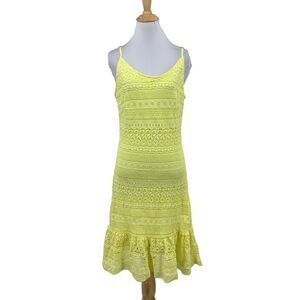 Sara Boo Dress Womens L Large Yellow Crochet Knit Bodycon Sleeveless Flounce Hem